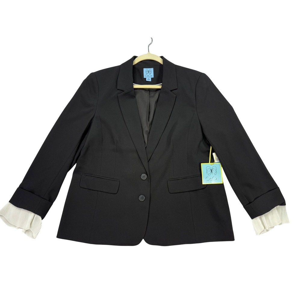 CeCe Blazer Women XL Black New Pleated Ruffle Pearl Cuff Floral Charm 7052514